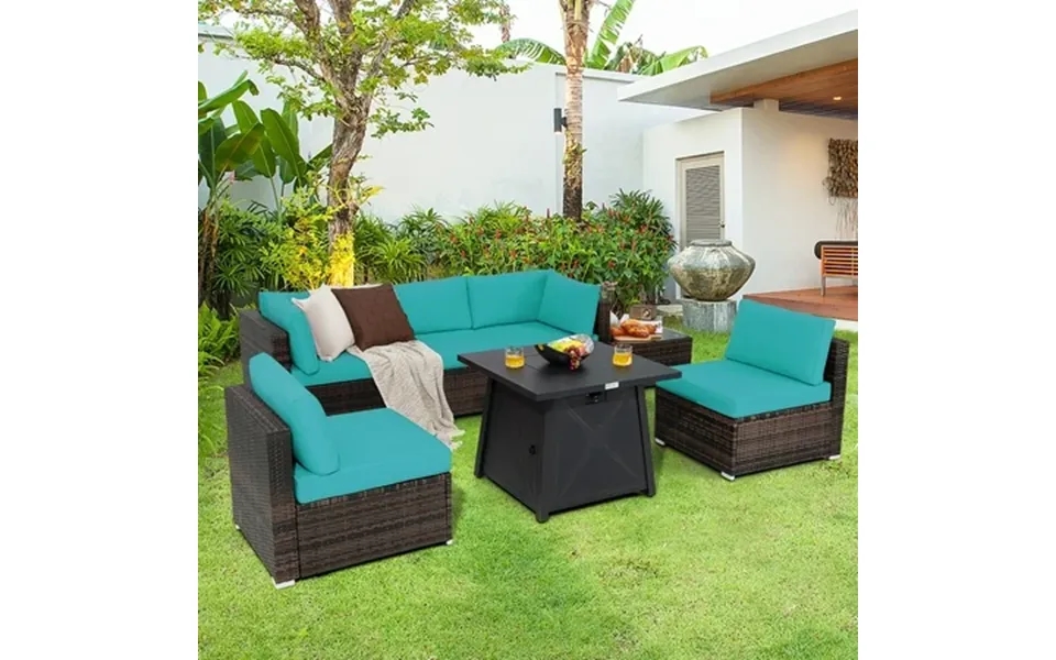 Costway 7pcs Patio Rattan Furniture Set Fire Pit Table Cover Cushion Turquoise