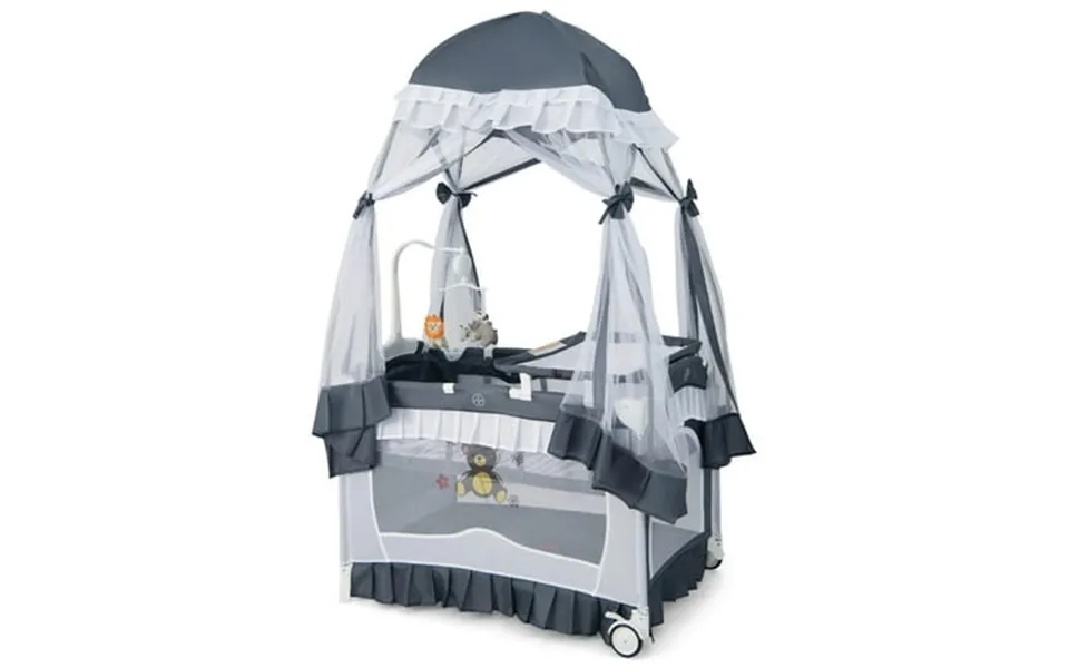 Costway Baby Playard Crib Bed 4 In 1 Portable With Changing Table Canopy Music Box Grey