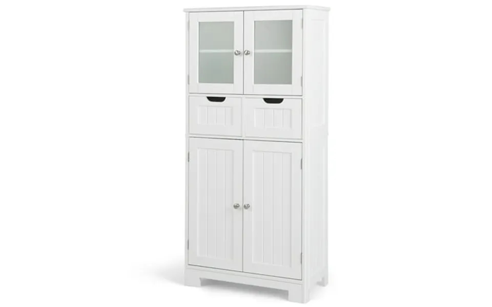 Costway Bathroom Floor Storage Cabinet Kitchen Cupboard With 2 Drawers & Glass Doors White
