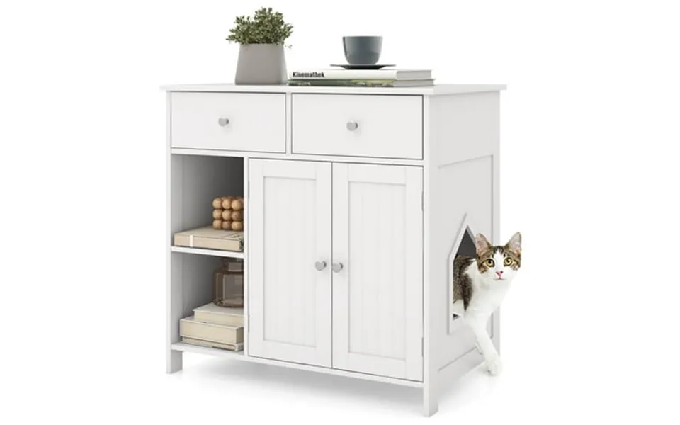 Costway Cat Litter Box Enclosure With 2 Drawers Double Doors Open Shelves Modern Indoor