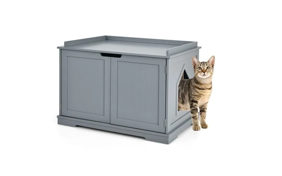 Costway Cat Litter Box Wooden Enclosure Pet House Washroom Storage Bench Grey