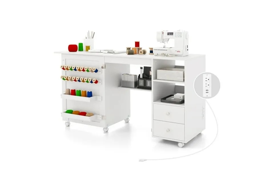 Costway Folding Sewing Table Charging Station Multifunctional Sewing Machine Cart Table