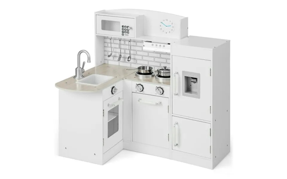 Costway Kid’s Corner Kitchen Playset Wooden Chef Play With Sink Stove Range Hood Utensils