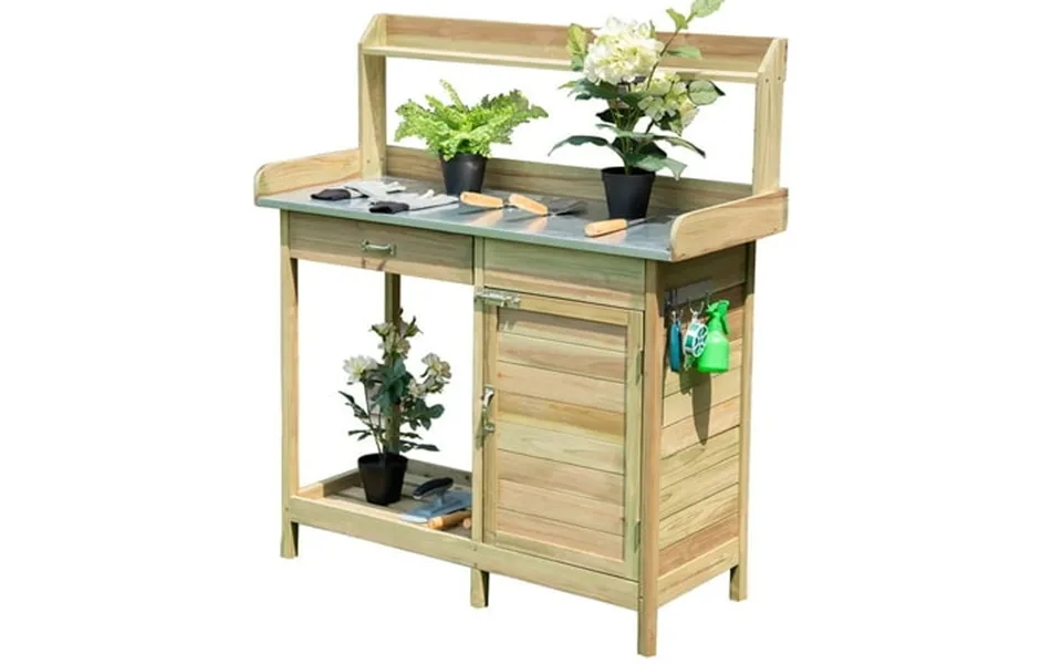 Costway Outdoor Potting Bench Garden Wooden Work Station Metal Tabletop Cabinet Drawer