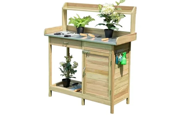 Costway Outdoor Potting Bench Garden Wooden Work Station Metal Tabletop Cabinet Drawer product image
