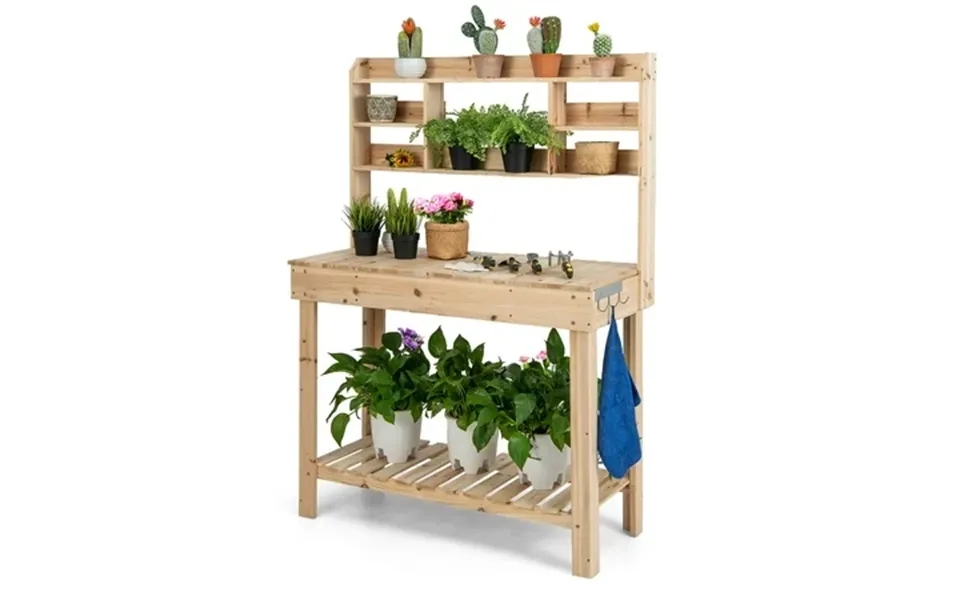 Costway Potting Bench Table Wooden Garden Work Bench Platform With Display Rack Hidden Sink