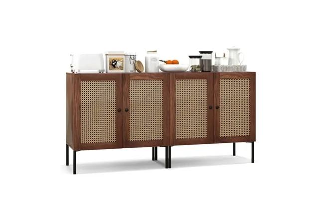 Costway Set Of 2 Rattan Buffet Sideboard Wine Cabinet Cupboard W Adjustable Shelf Walnut product image