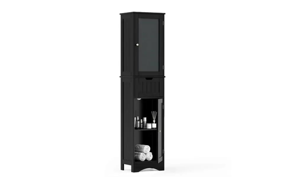 Costway Tall Bathroom Cabinet With Adjustable Shelves Deep Drawer For Living Room Black