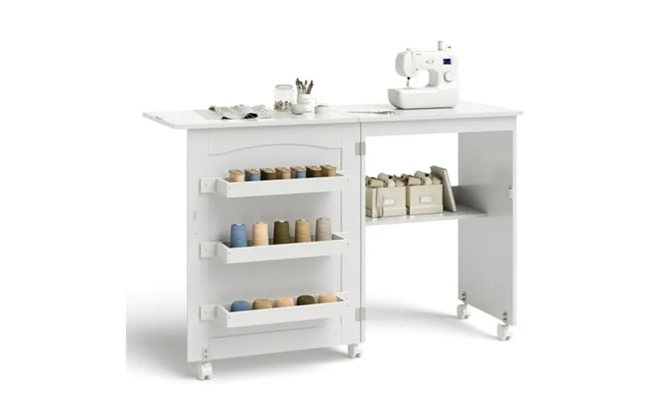 Costway White Folding Sewing Craft Table With Storage Shelves Cabinet Lockable Wheels