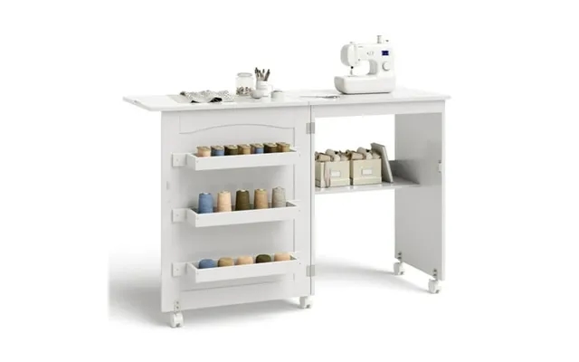 Costway White Folding Sewing Craft Table With Storage Shelves Cabinet Lockable Wheels product image