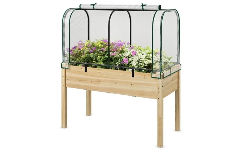 Costway Wood Raised Garden Bed With Greenhouse Cover Mini Portable Greenhouse Kit White Beige