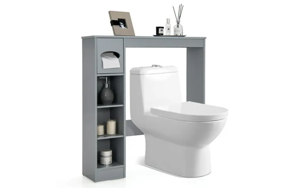 Costway Wooden Over The Toilet Storage Cabinet Bathroom Space Saver W Paper Holder Grey