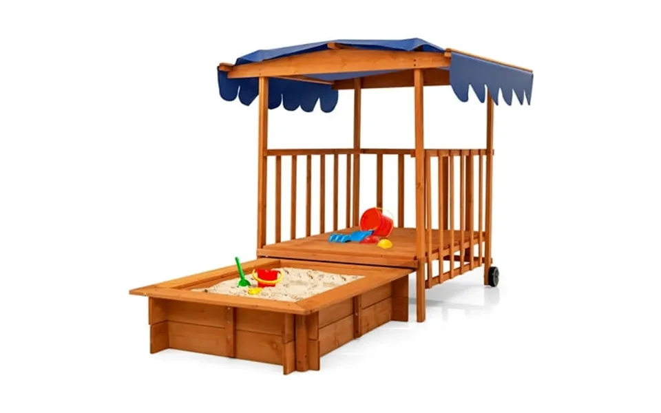 Costway Wooden Retractable Sandbox With Cover & Built-in Wheels Kids Outdoor Playhouse
