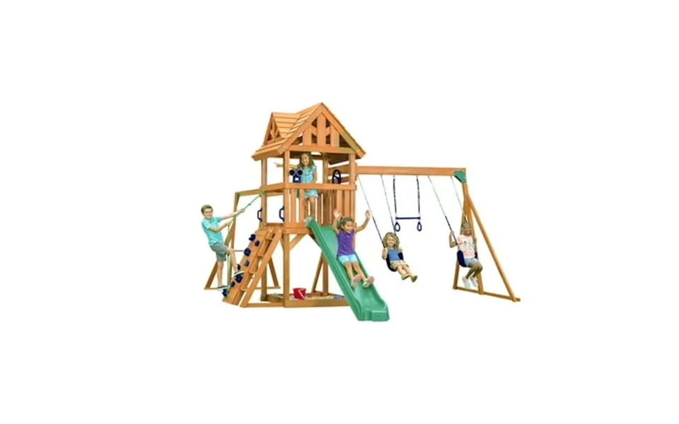 Creative Cedar Designs Mountain View Lodge Cedar Swingset With Wooden Roof Monkey Bars Climbing Wall & Rope Slide Sandbo