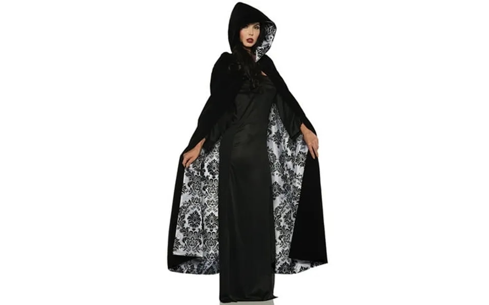 Deluxe Black Velvet Grey Satin Flocked Gothic Hooded Vampire Halloween Cape-os