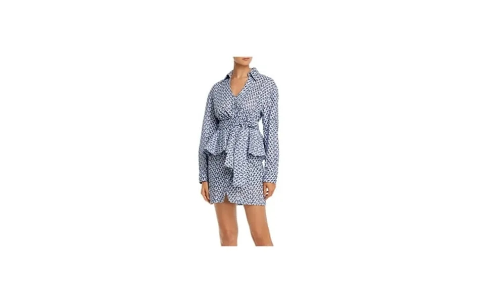 Derek Lam 10 Crosby Womens Blue Ruffled Tie Eyelet Embroidered Button Printed Cuffed Sleeve Collared Mini Party Peplum D