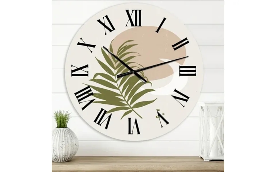 Designart Abstract Sun And Moon With Green Leaf Ii Modern Wall Clock