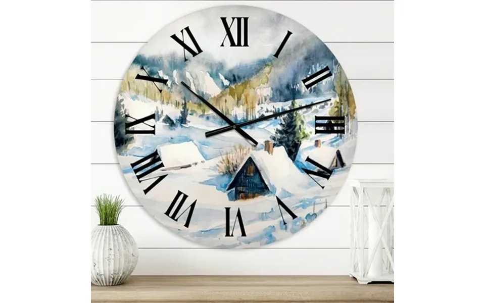 Designart Mountain Village In Winter Traditional Wall Clock