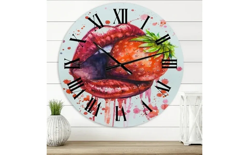 Designart Red Woman Lips Eating A Strawberry Modern Wall Clock