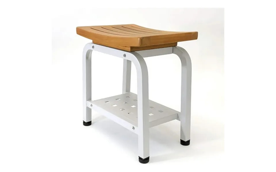 Dexs Shower Bench Teak & Aluminum Bath Stool With Side Table Light Grey Indoor Outdoor Bathroom Furniture