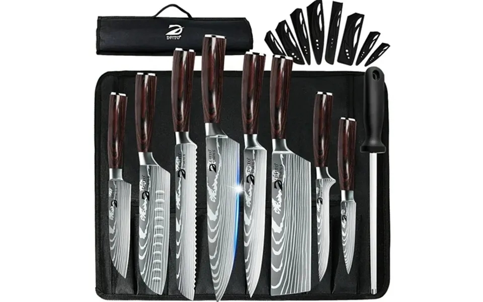 Dfito 9-piece Kitchen Knife Set Stainless Steel Professional Cutlery Knife With Sheaths & Storage Bag Brown