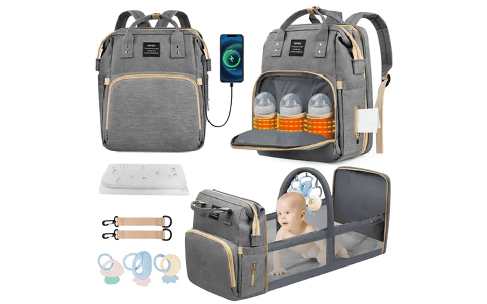 Diaper Bag Backpack Multifunctional Baby Changing Bag With Foldable Crib & Insulated Milk Bottle Pockets Large Capacity