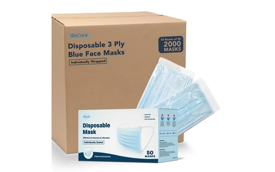 Disposable Face Mask 3-ply With Ear Loop 40 Pack Of 50 Individually Wrapped - 2000 Total