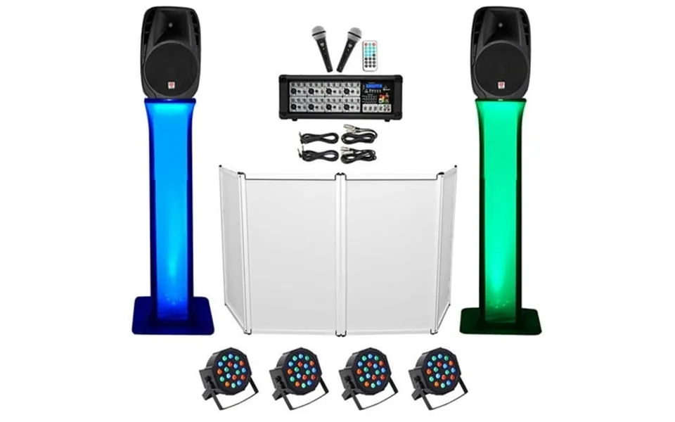 Dj Package W 15 Speakers Bluetooth Mixer Mics Tripod Totem Stands Facade Lights