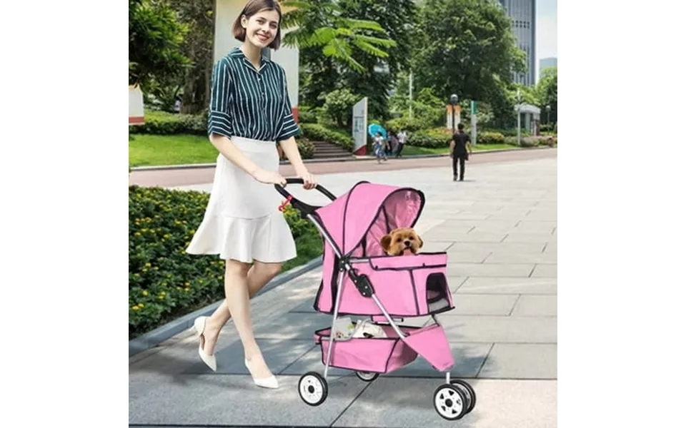 Dkeli 3-wheeled Folding Dog Stroller With Free Pad & Cup Holder Pink