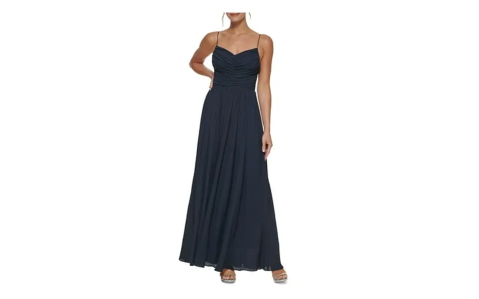 Dkny Womens Navy Ruched Zippered Lined Spaghetti Strap V Neck Full-length Formal Gown Dress 8