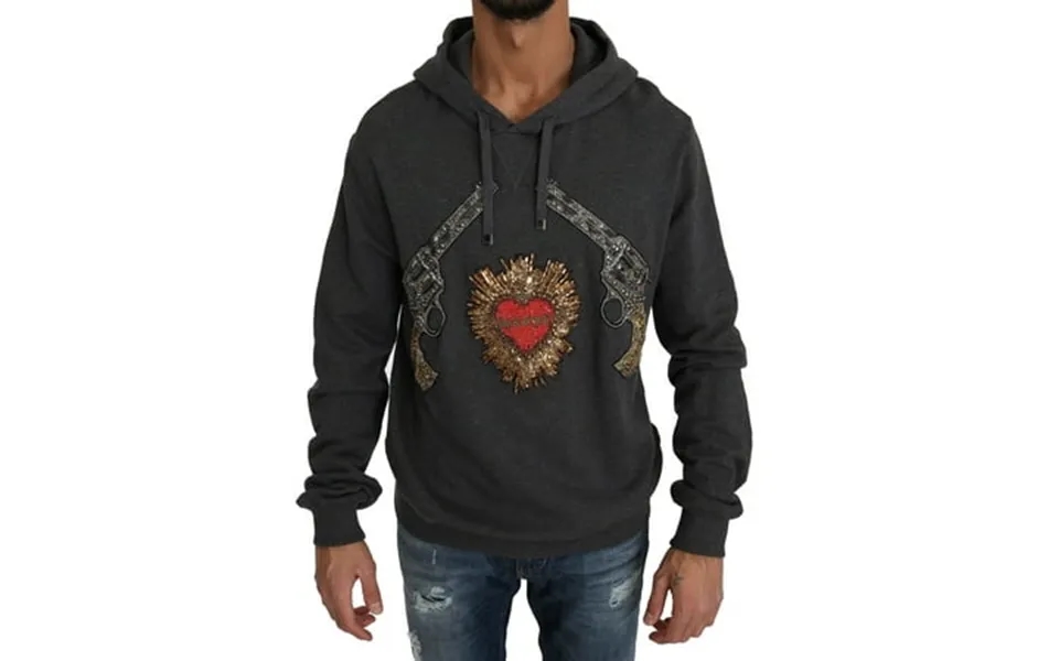 Dolce & Gabbana Gray Hooded Red Crystal Heart Gun Sweater