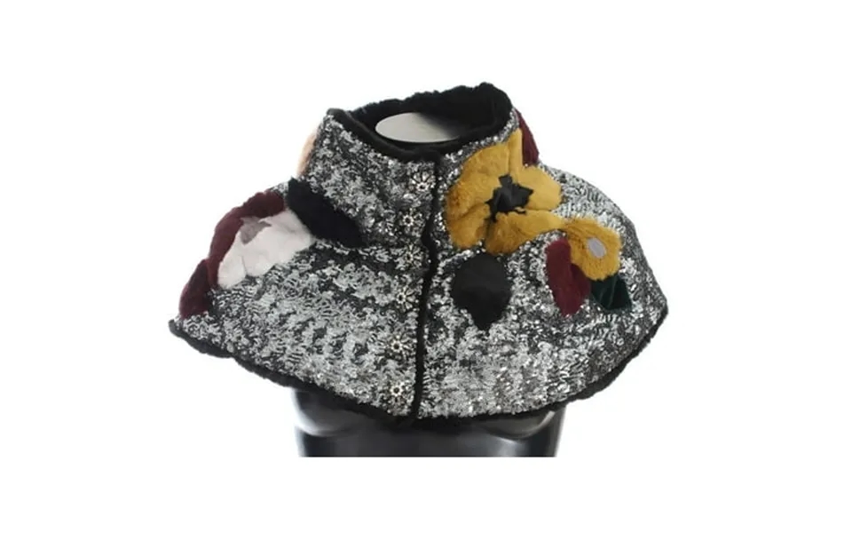 Dolce Gabbana Silver Sequined Floral Weasel Fur Shoulder Scarf Wrap