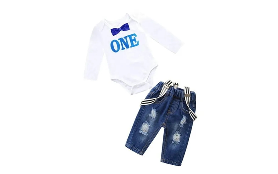 Dooleck Baby Birthday Outfit For Boy Bowtie Romper Suspenders Ripped Denim Pants Outfits Set 6-24m