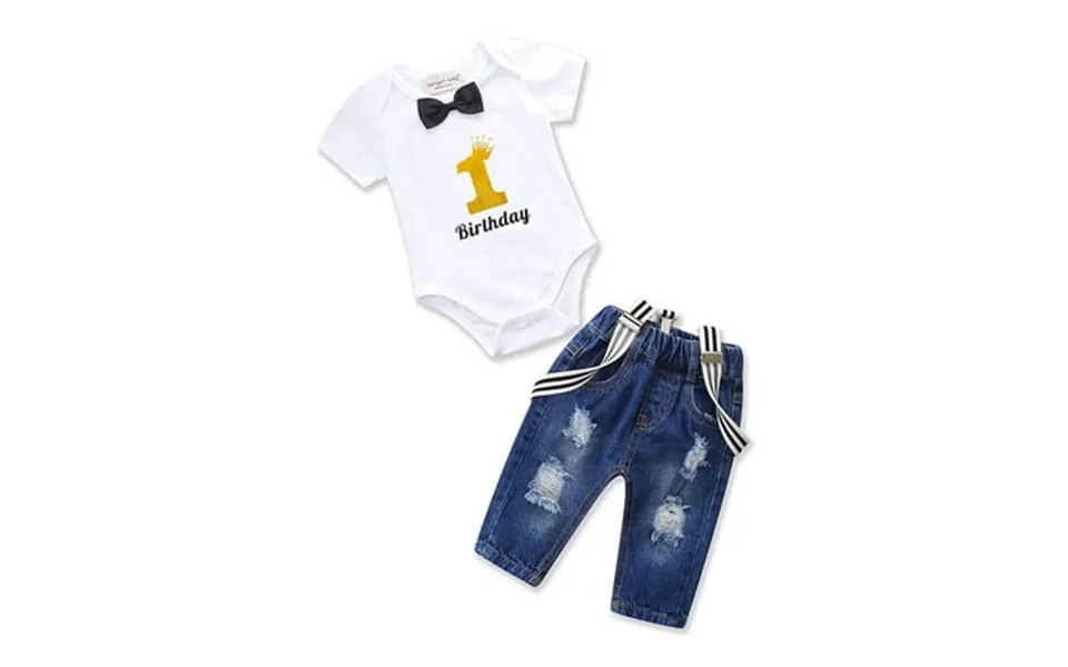 Dooleck Baby Birthday Outfit For Boy Bowtie Romper Suspenders Ripped Denim Pants Outfits Set 6-24m