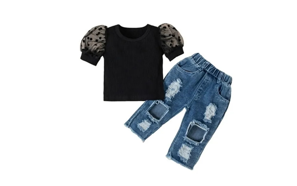 Dooleck Toddler Baby Girl Clothes Ribbed Shirt Tops Ripped Jeans Denim Pants Outfit