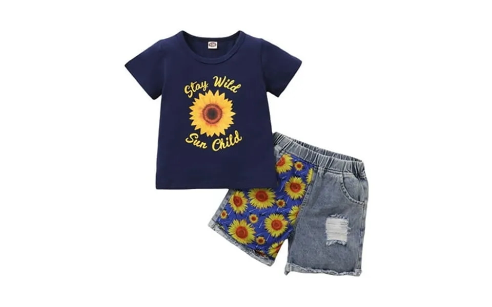 Dooleck Toddler Baby Girl Denim Outfit Stay Wild Shirt Tops Sunflower Shorts Clothes