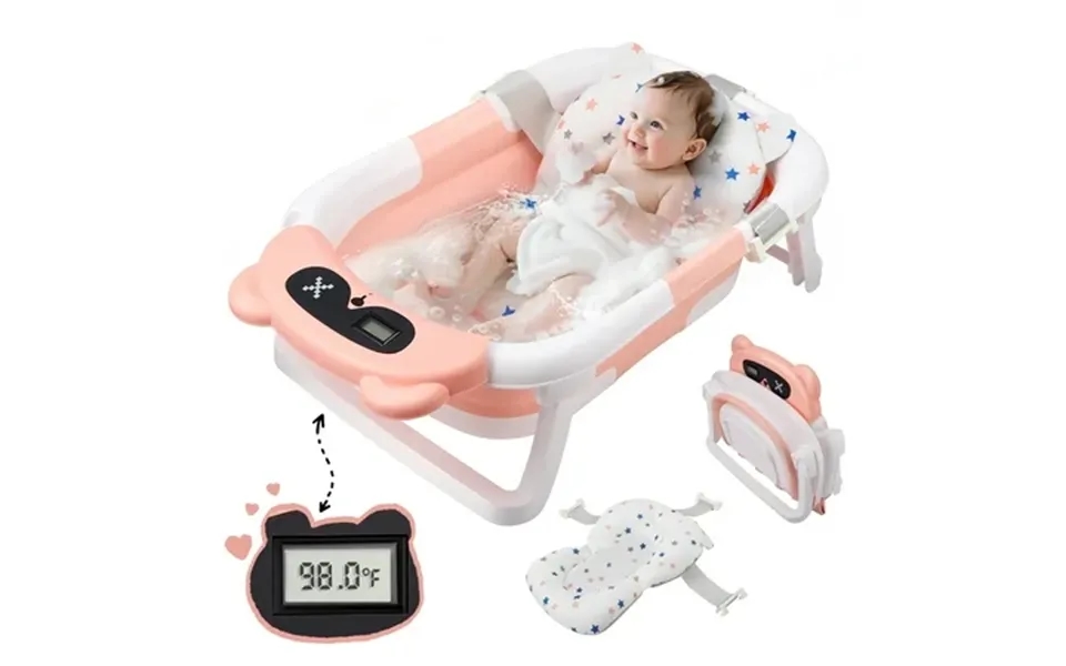 Doulami Baby Bathtub For Infants Collapsible Baby Tubs For Newborns With Cushion And Thermometer 0-36 Month Pink