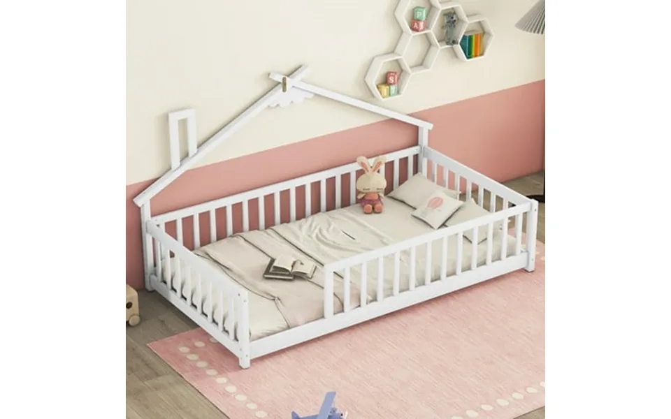 Dreambuck Bed Frame Twin Size Wood Floor Bed With House-shaped Bedside And Guardrails Twin Size House Bed Frame For Kids