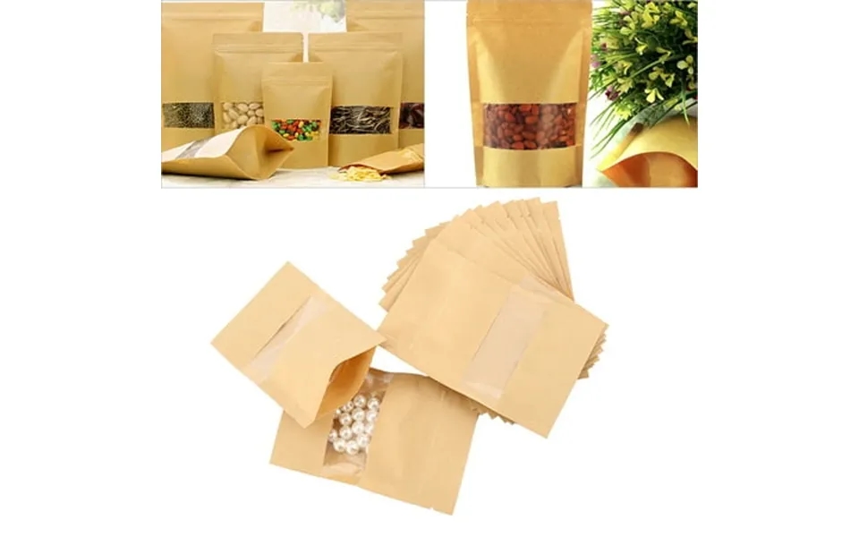 Duety 50pcs Kraft Paper Food Bags Pouch All-purpose Stand Up Zipper Pouch Bag With Clear Window Pack Resealable Food Sto