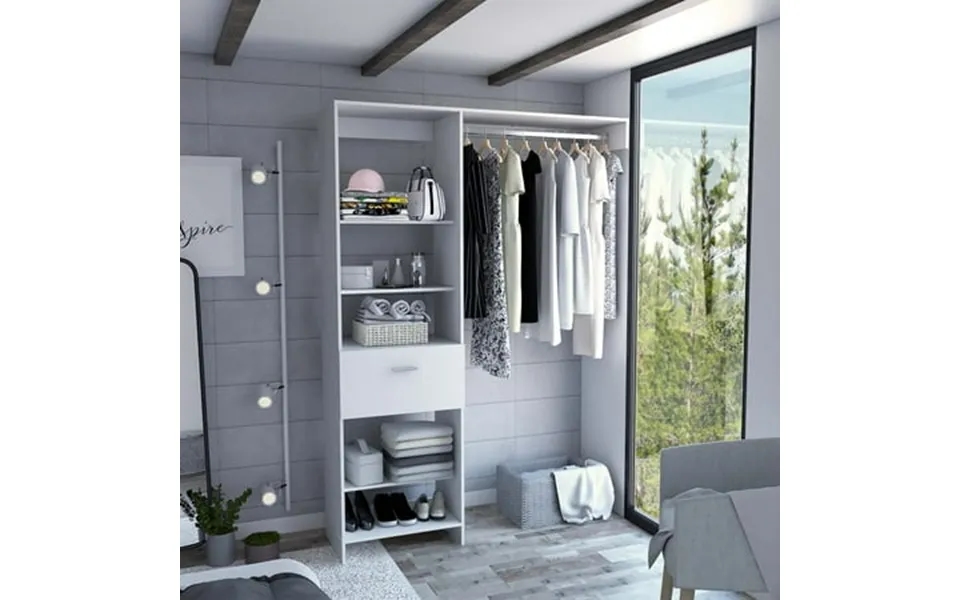 Dynamic Closet System Five Open Shelves One Drawer One Metal Rod