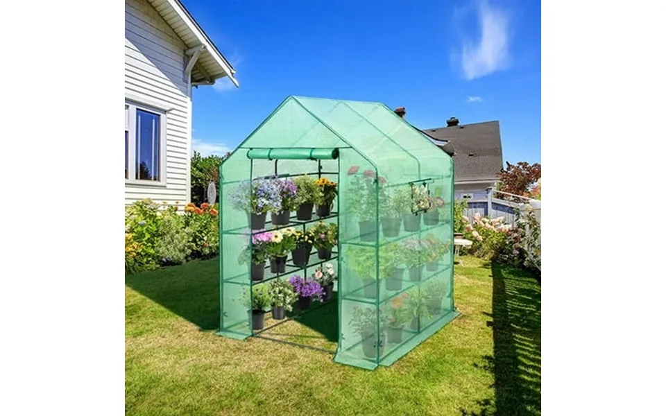 Eagle Peak Walk-in Greenhouse 2 Tiers 8 Shelves With Roll-up Zipper Door And 2 Side Mesh Windows Outdoor Indoor Portable