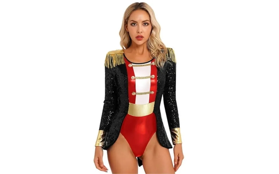 Eandarui Womens Sequin Circus Ringmaster Outfit Dance Leotard Fringe Epaulette Bodysuit Costumes Black 3xl