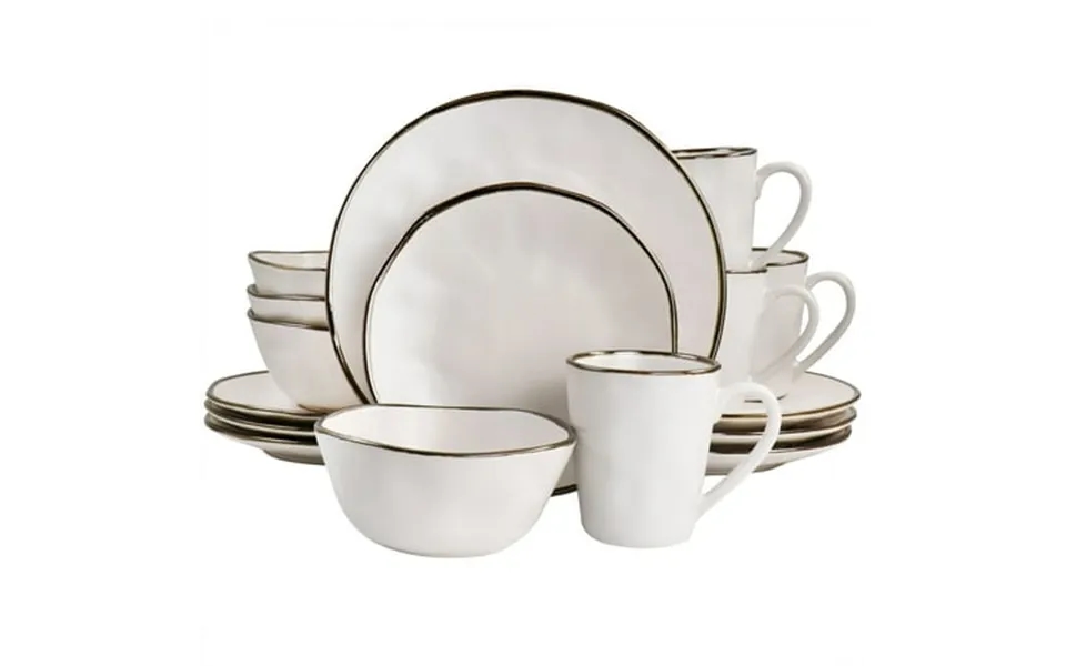 Elama Modern 16 Piece Stoneware Dinnerware Set In Matte White With Gold Rim