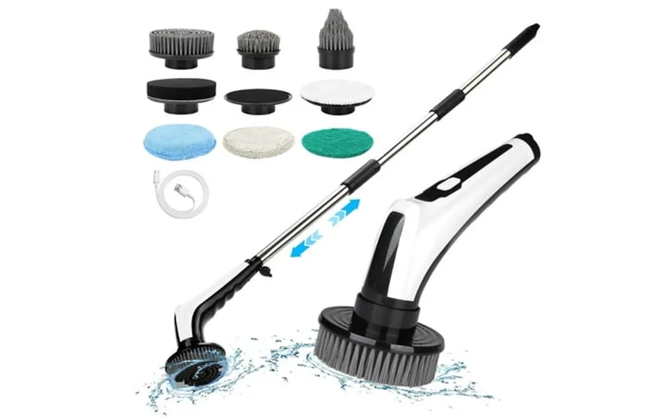 Electric Rotary Scrubber With Adjustable Long Handle 8 Replaceable Brush Heads 2 Speed Settings White