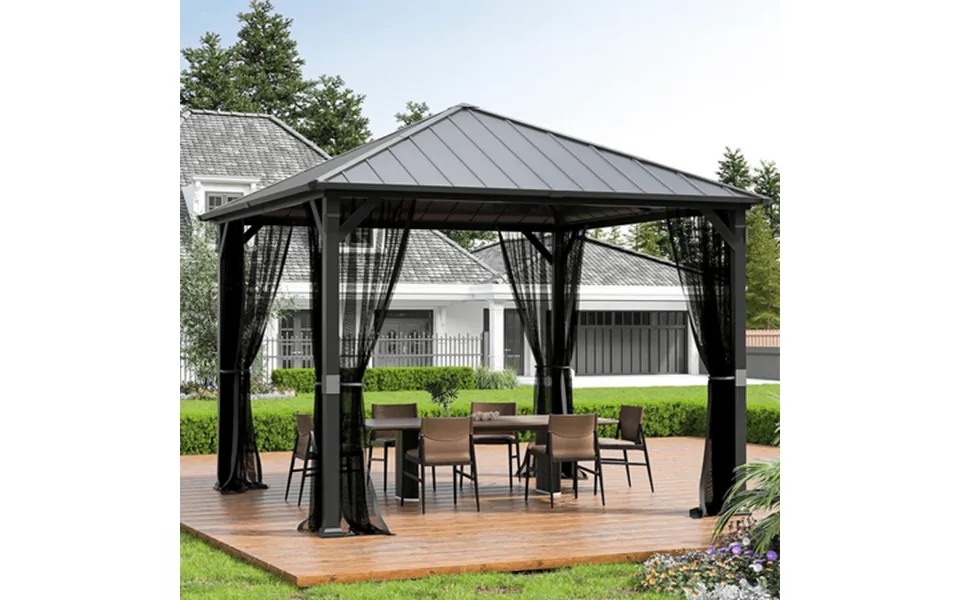 Elposun Outdoor Living 10’ X 10’ Hardtop Gazebo Canopy With Netting & Curtains Outdoor Aluminum Gazebo With Galvanized S