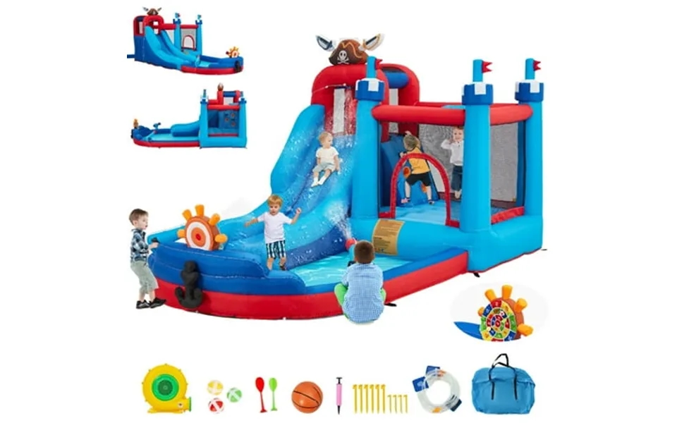 Erommy Pirate Ship Inflatable Water Slide For 5 Children 7-in-1 Outdoor Bounce House For Kids Aged 3-10 With Dual Water