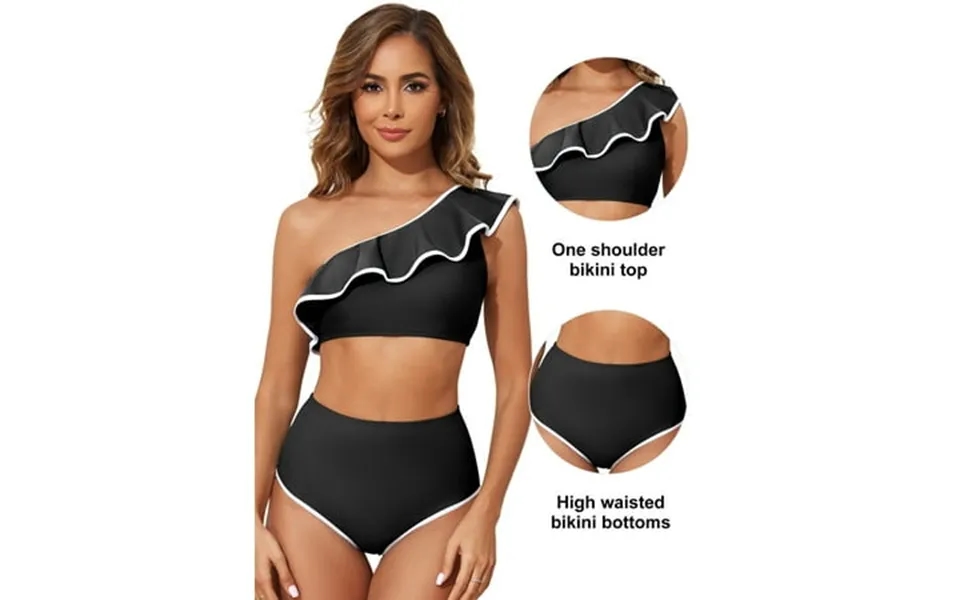 Eytino Swimsuit Women One Shoulder Bikini Sets Color Block Trim Ruffle Hem Bathing Suits High Waisted Bikini 2025 Summer