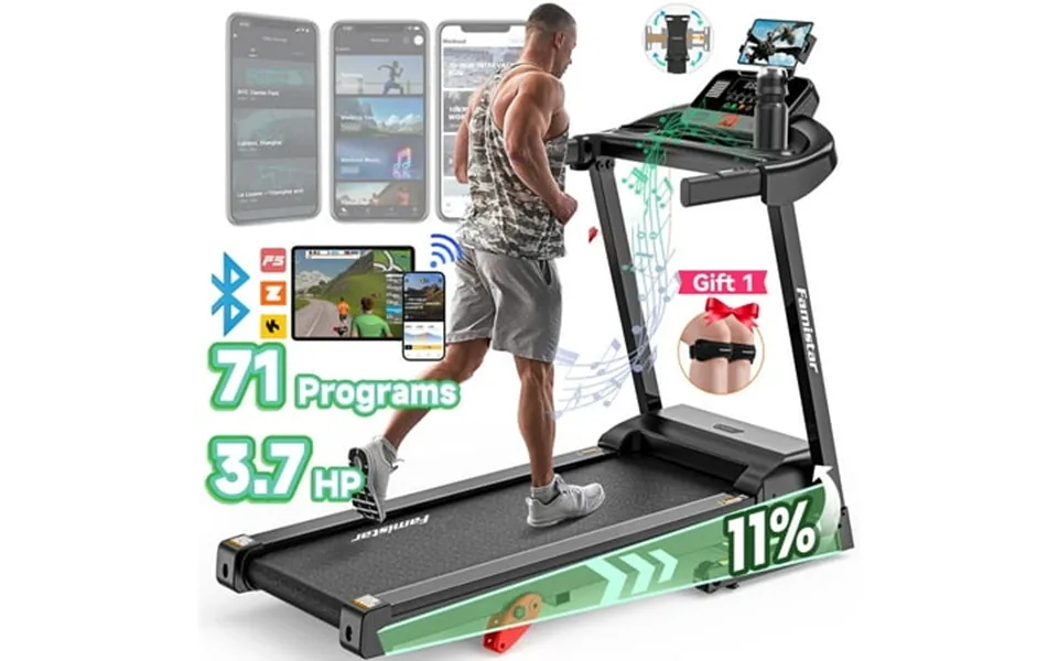 Famistar 3.7hp Folding Treadmill For Home W App Control 300lbs Capacity Adjustable Incline 64 7 Programs Bluetooth Speak