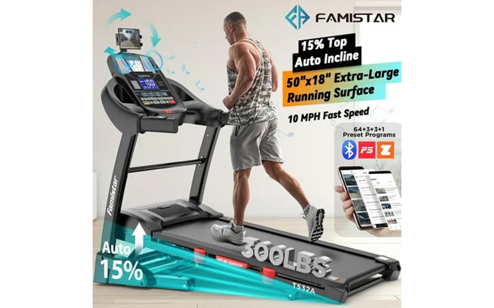 Famistar 4.5hp Folding Treadmill For Home With 15 Levels Auto Incline 300lb Capacity 10mph Speed Controls App Control Ne