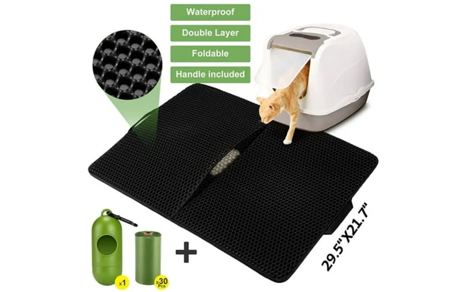Famistar All-in-one 2-layer 30*22in Cat Litter Trapping Mat Handrails Attached Set With 2 Rolls Of Litter Bags And 1 Lit